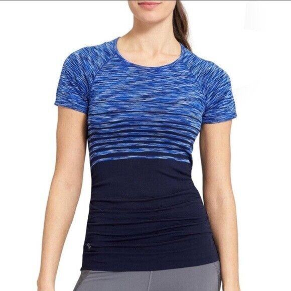 Athleta Finish Fast Spacedye Tee Women S Navy Reflective Ruched Side Gripper Hem - Picture 14 of 15